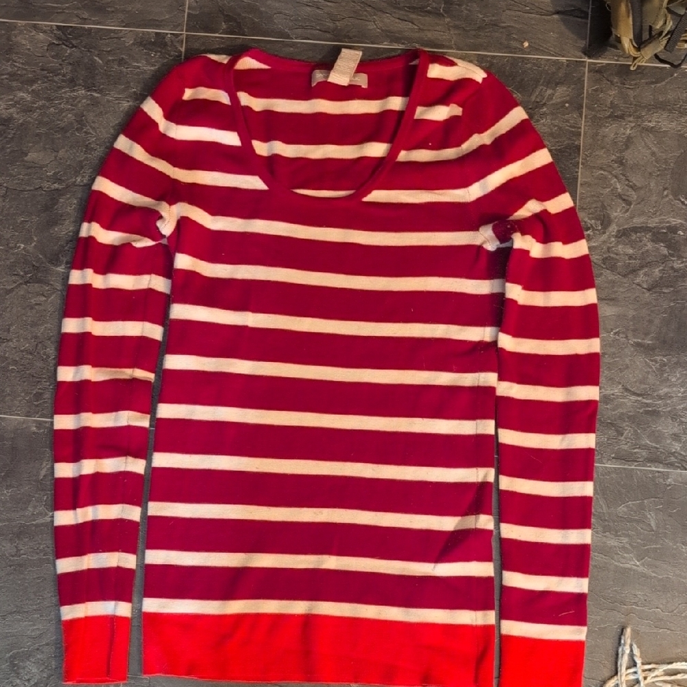 Banana Republic Red and Cream Striped Scoop Neck Sweater